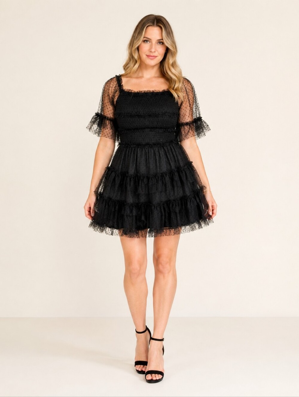 White Birch Black Swiss Dot Tulle Mini Dress M Smocked Ruffle Romantic Goth NWT - Picture 1 of 13
